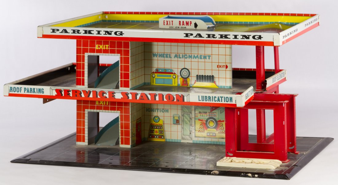 Toy Skypark Service Station by T. Conn: Toy Skypark Service Station by T. Conn Includes the accessories; together with four Schuco windup toy buses Height: 11.50 inches, Width: 27.00 inches, Depth: 14.50 inches Category: Toys and Dolls > Vi