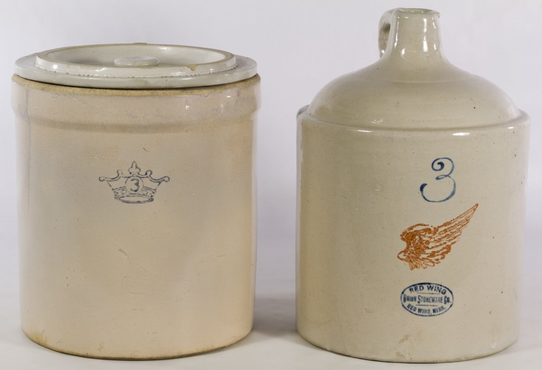 Red Wing 3 Gallon Jug: Red Wing 3 Gallon Jug Having a stamped logo on the front; together with a three gallon blue crown crock with original lid Height: 13.00 inches (tallest) Category: Primitives > Crocks and Jugs Shipping