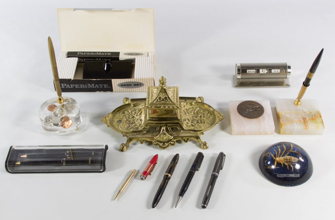 Desk Accessory Assortment: Desk Accessory Assortment Including pens, pen holders, ink well and paperweight with silver coins Width: 9.00 inches (ink well) Category: Books & Ephemera > Pens Shipping Status: Due to size, weight, 