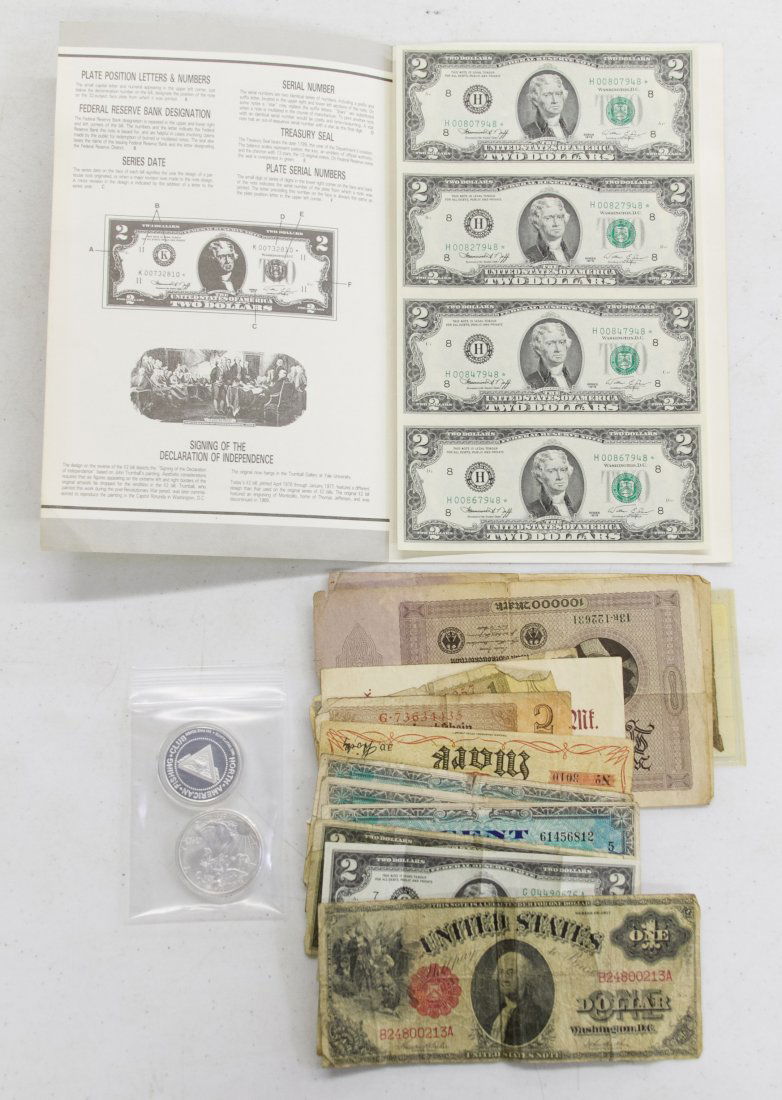 US/World Currency Assortment: US/World Currency Assortment Twelve world notes including two 1944 100 Franc notes, seven dollars face value US, 1917 $1 Legal Tender note P, undated $1 The Erie Kalamazoo banknote P, uncut sheet of 1