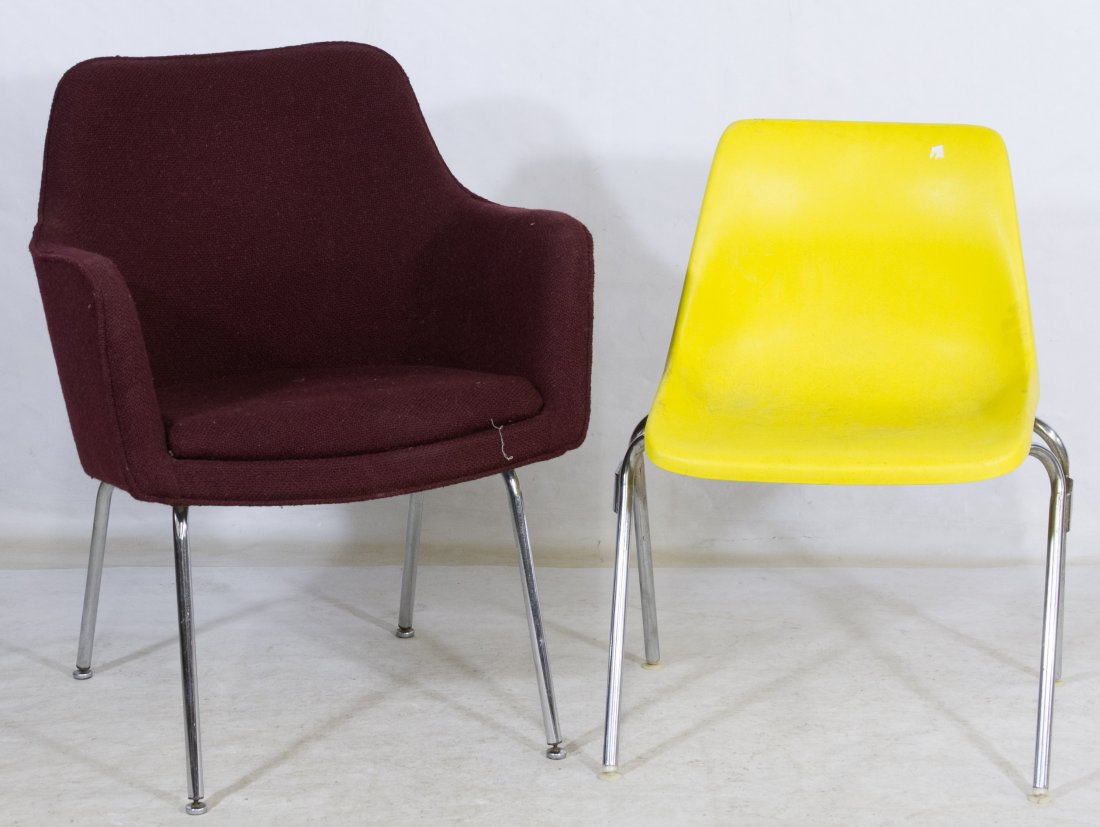 Mid-Century Modern Chairs: Mid-Century Modern Chairs Two chrome legged chairs including an burgundy upholstered barrel chair and a yellow hard plastic chair by Howell Height: 33.00 inches, Width: 25.00 inches, Depth: 20.00 inch