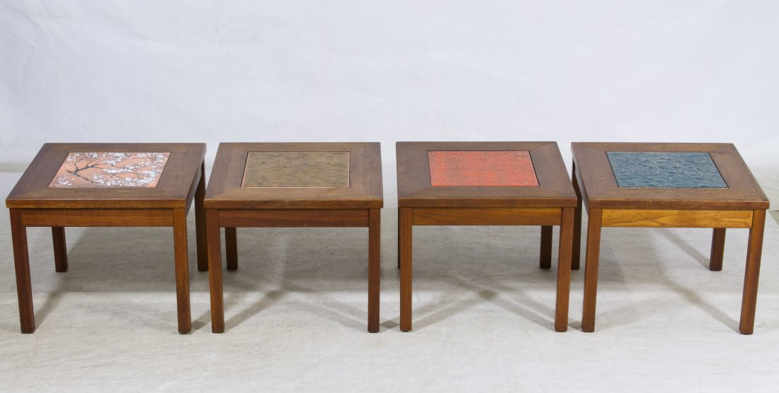 Mid-Century Modern Tables with Tile Tops: Mid-Century Modern Tables with Tile Tops Four wooden tables with multi colored tile inserts Height: 15.00 inches, Width: 18.00 inches, Depth: 18.00 inches Category: Furniture > Mid-Century Modern Ship