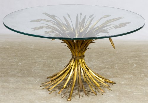 Mid-Century Modern Wheat Sheaf Form Coffee Table: Mid-Century Modern Wheat Sheaf Form Coffee Table 20th Century, having a gilt metal base and a round glass top; together with a brass-plated cross legged table, c.1970, having a round smoked glass top;