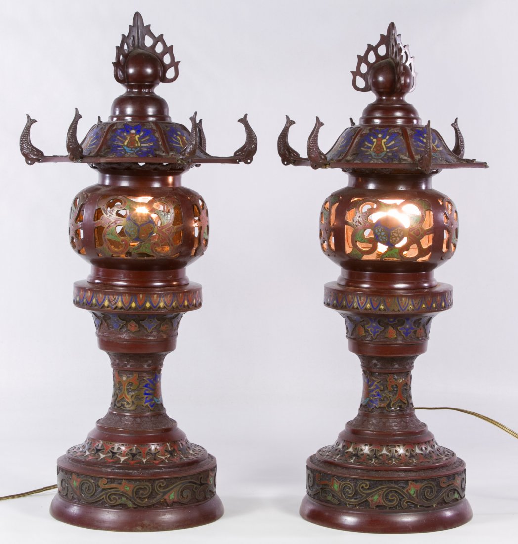 Chinese Cloisonne Table Lamps: Chinese Cloisonne Table Lamps c.1910, matched pair of incense burners converted to table lamps having a floral motif Height: 20.00 inches Category: Decorative Arts > Asian Shipping Status: Due to size