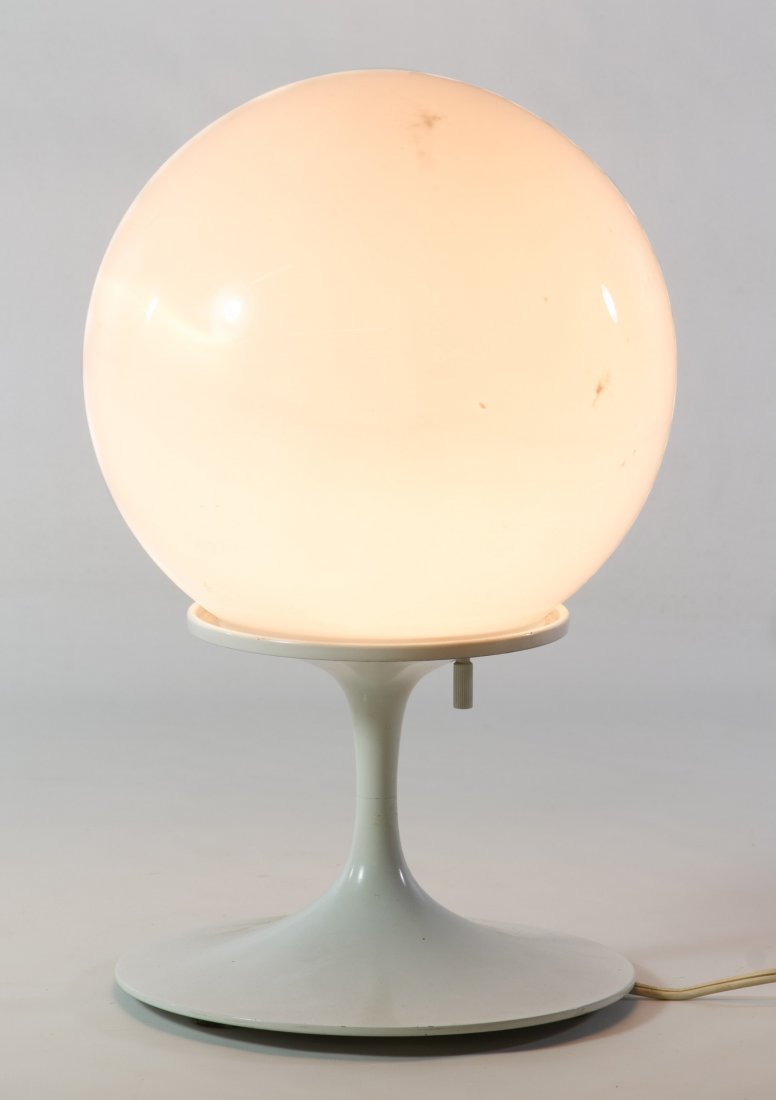 Mid-Century Modern 'Stemlite' Lamp by Design Line Inc.: Mid-Century Modern 'Stemlite' Lamp by Design Line Inc. Having a white painted metal base and a frosted white globe Height: 12.50 inches Category: Decorative Arts > Mid-Century Modern Shipping Status: