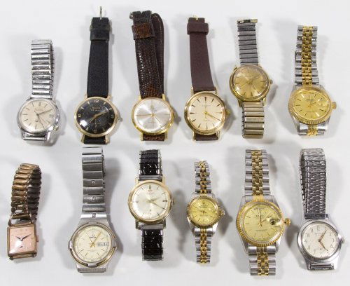 Wrist Watch Assortment: Wrist Watch Assortment Twelve wrist watches including Bulova, faux Omega, Waltham and faux Rolex Length: 7.25 inches (adjustable bands) Category: Jewelry and Timepieces > Watches Shipping Status: Leon