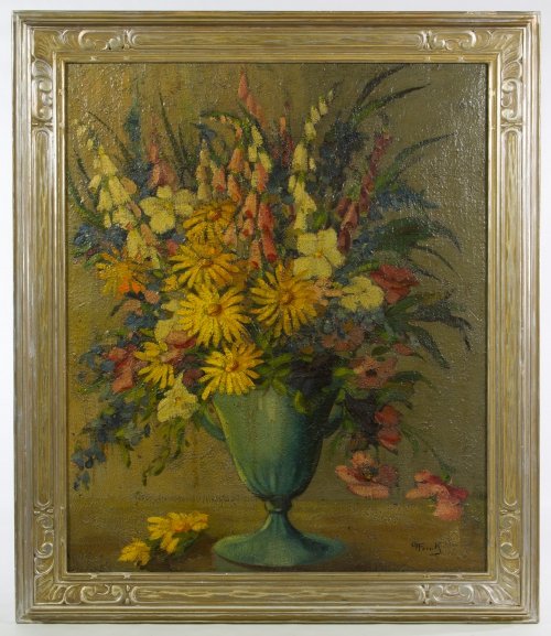Gerald Frank (American, 1888-1962) 'Still Life' Oil on: Gerald Frank (American, 1888-1962) 'Still Life' Oil on Canvas Undated, signed lower right, depicting a vase full of flowers Height: 24.00 inches, Width: 20.00 inches (canvas) Frame Size: 28.50 inches 