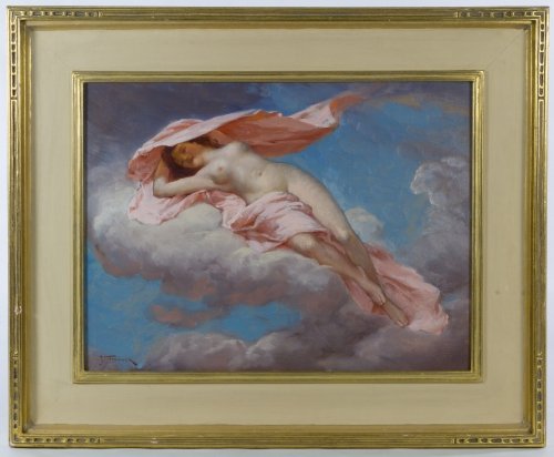 Joseph Tomanek (American, 1889-1974) 'Sleeping on a: Joseph Tomanek (American, 1889-1974) 'Sleeping on a Cloud' Oil on Board 1949, signed lower left, depicting a classically draped female within clouds; having a hand-written label en verso Height: 12.00