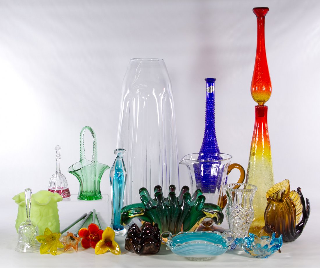 Art Glass Assortment: Art Glass Assortment Twenty-two items including vases, bowls, flowers, bells and baskets; one vase has a Blenko sticker Height: 22.50 inches (tallest) Category: Glass > Art Glass Shipping Status: Due 