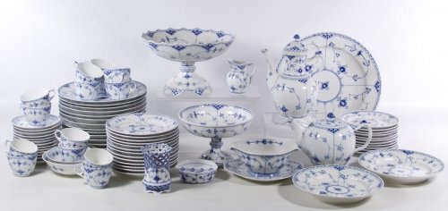 Royal Copenhagen 'Blue Fluted - Half Lace Border' China: Royal Copenhagen 'Blue Fluted - Half Lace Border' China Service Ninety-one items including (14) dinner plates, (14) dessert plates, (12) bread plates, (15) coffee cups, (14) saucers, (2) soup bowls, (