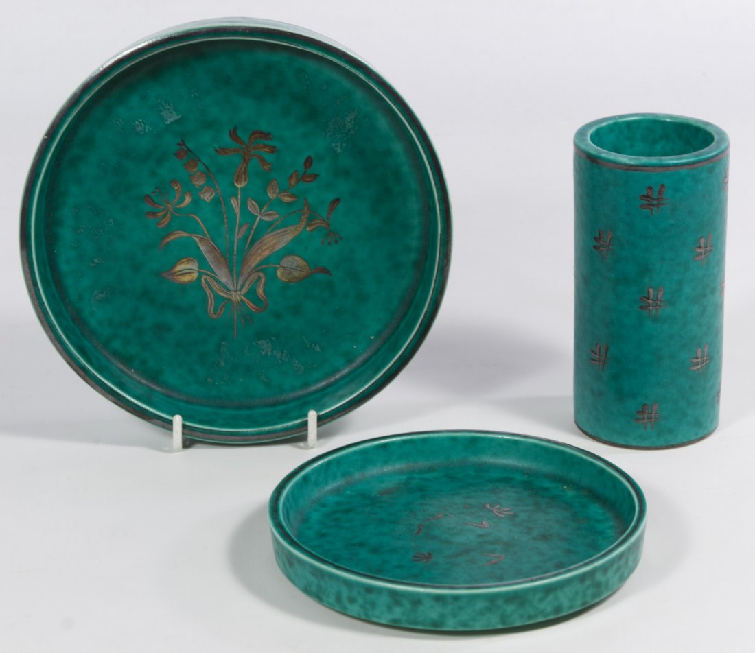 Gustavsberg 'Argenta' Swedish Pottery Assortment: Gustavsberg 'Argenta' Swedish Pottery Assortment Including two round dishes and a round vase Height: 4.50 inches (vase) Category: Porcelain and Ceramics > Other Tax Status: Subject to an 8.25% sales t