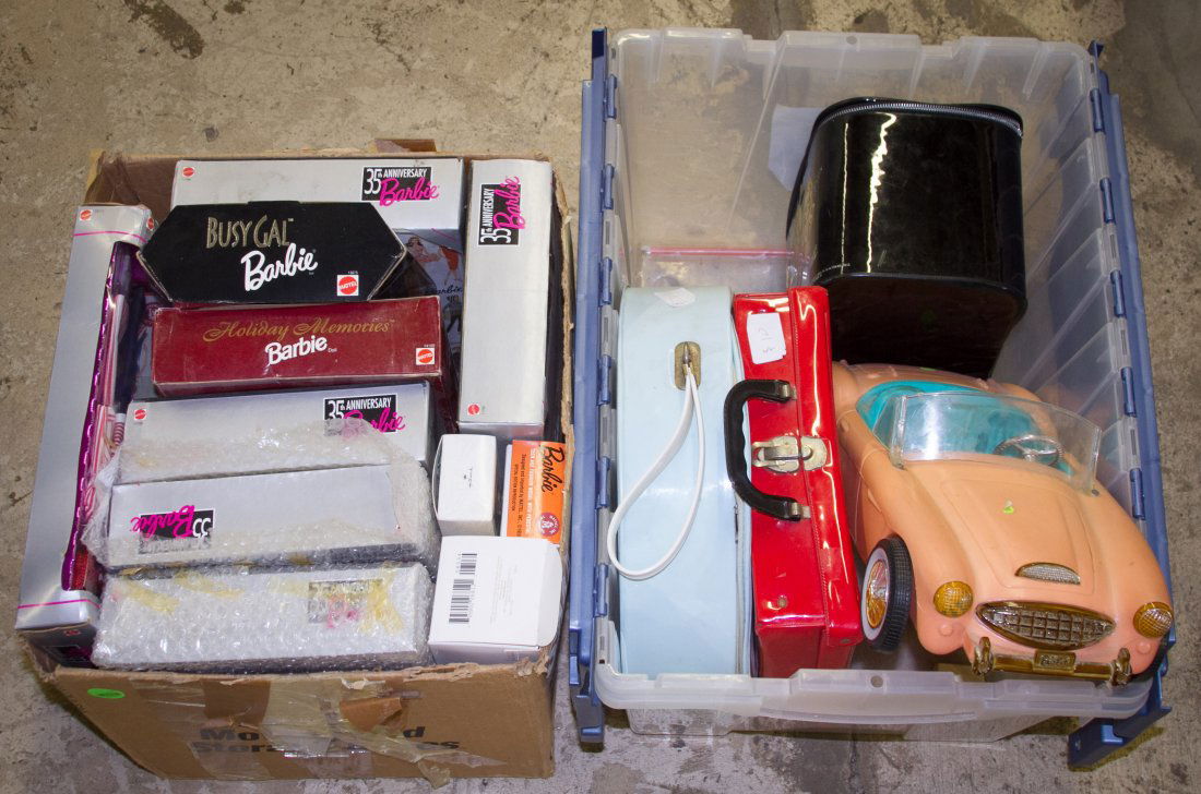 Barbie Doll Assortment: Barbie Doll Assortment Including many 35th anniversary ponytail Barbie dolls from the 1998, vintage Mattel Barbie carrying cases, a vintage Barbie automobile and a Barbie game; together with a clown d