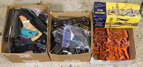 Toy Train Accessory, Transformer and Track Assortment: Toy Train Accessory, Transformer and Track Assortment Including seven boxes of toy train track of various sizes, American Flyer and Marklin transformers, an American Flyer stockyard, an Ideal signal b