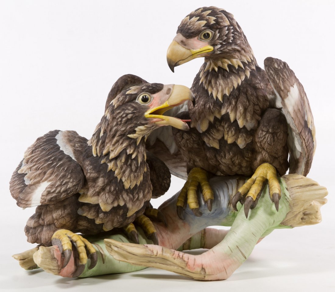 Boehm #400-49 'American Bald Eagle' Figurine: Boehm #400-49 'American Bald Eagle' Figurine Having two eagles resting on a tree branch; stamped mark on the underside Height: 9.50 inches, Width: 12.00 inches, Depth: 17.00 inches Category: Figurines