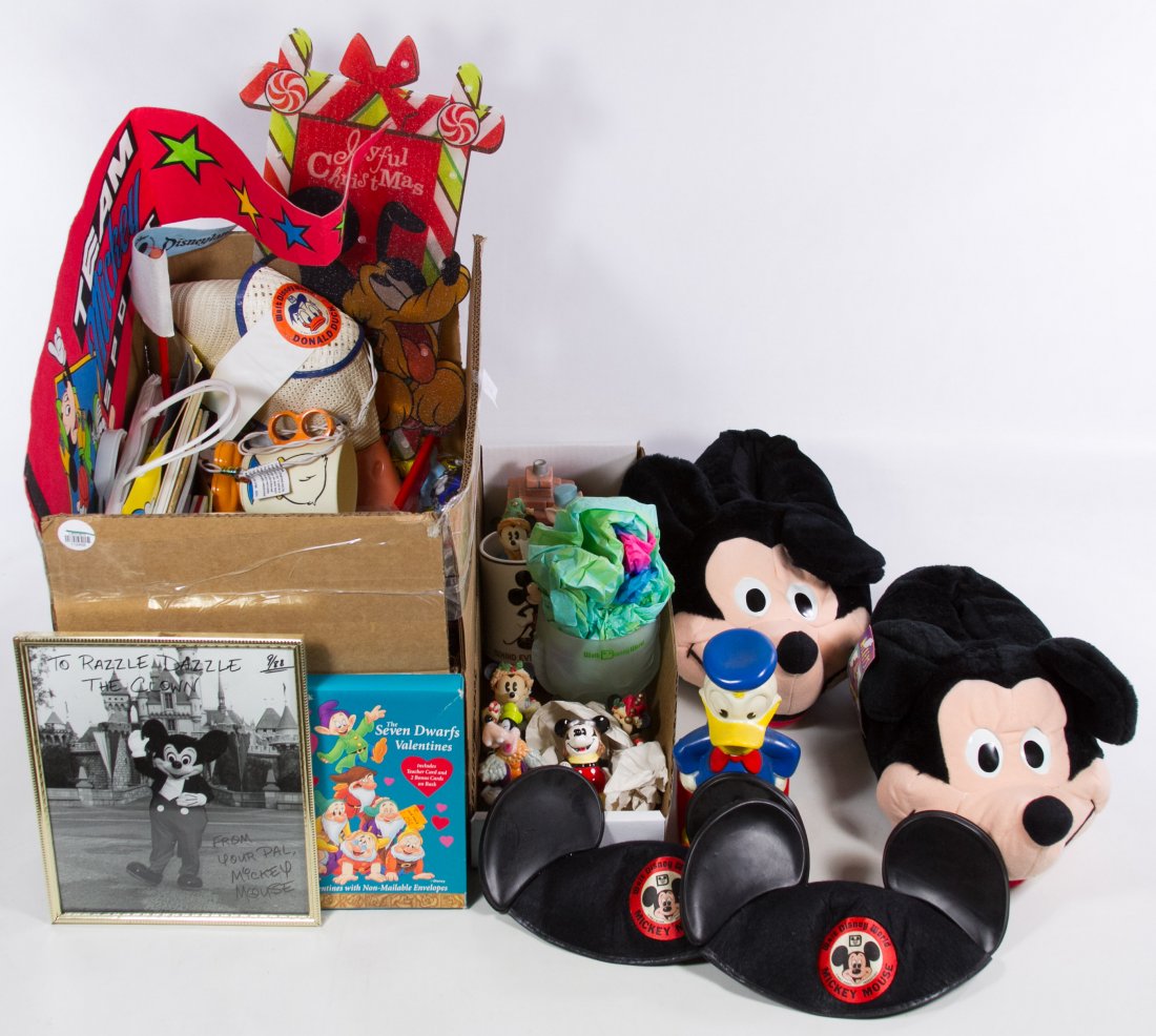 Disneyana Assortment: Disneyana Assortment c.1980 collection of Disney World ephemera, slippers, pennants, hats, toiletries, a Mickey Mouse souvenir photo, vinyl figurines, mugs and ceramic Enesco figurines Height: 9.50 in