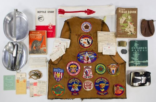 Boy Scout Patch, Book, Tent and Accessory Assortment: Boy Scout Patch, Book, Tent and Accessory Assortment Including a vest with 1950s era patches, guide books, a mess kit, a tent pack and binoculars Length: 22.00 inches (vest) Category: Collectibles > F