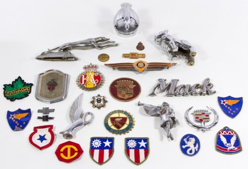 Hood Ornament and Car Emblem Assortment: Hood Ornament and Car Emblem Assortment Seventeen items including some labeled Dodge Brothers, Mack and Cadillac; together with nine patches Length: 9.50 inches (longest) Category: Collectibles > Tran