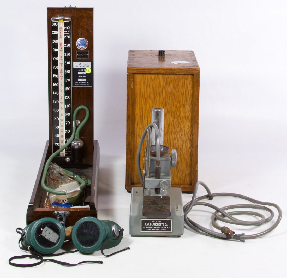 Microscope and Blood Pressure Kit: Microscope and Blood Pressure Kit Two items including a F. W. Blanchette Co. microscope #M-795396-A with original wood case and a Sage Instruments blood pressure kit with model #209 and serial #647 He