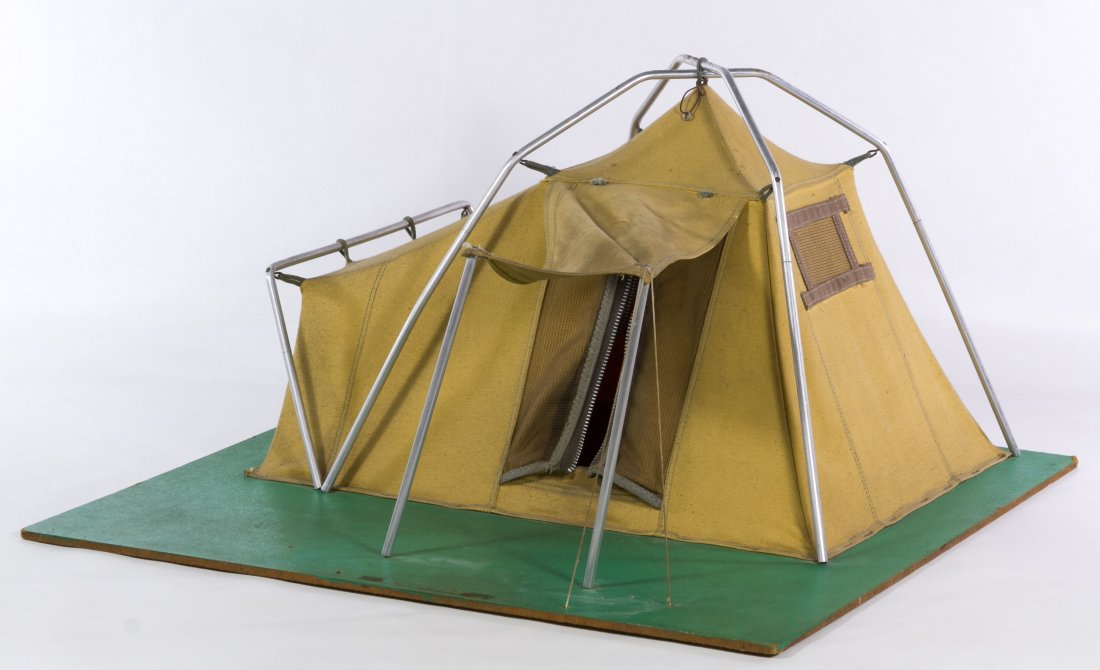 Salesman Sample Camping Tent: Salesman Sample Camping Tent c.1960, mounted on a green particleboard platform, includes a detached Sears, Roebuck and Co. 1957 paper tag Height: 11.50 inches, Width: 21.00 inches, Depth: 21.00 inches