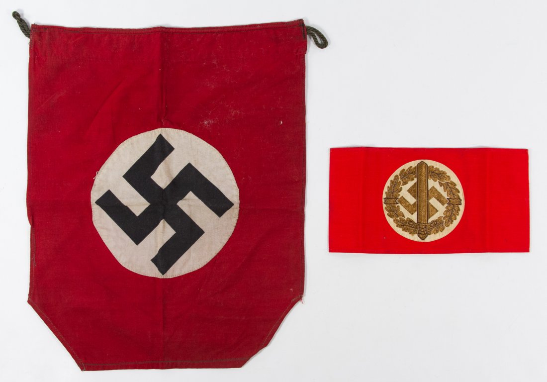 World War II German Nazi S.A. Arm Band: World War II German Nazi S.A. Arm Band Two items including an arm band with original paper label; together with a three piece Nazi automobile flag banner Height: 14.00 inches, Width: 11.00 inches (fla