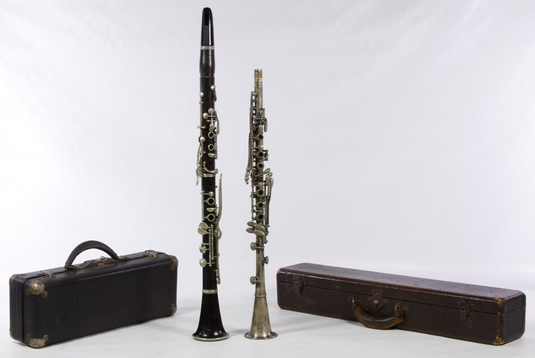 Clarinets in cases: Clarinets in cases Two clarinets with original cases including a silver tone metal Gretsch 'Pathfinder' #11037 and a French Buffet Crawpone B flat #09540 clarinet Length: 26.00 inches (French clarinet