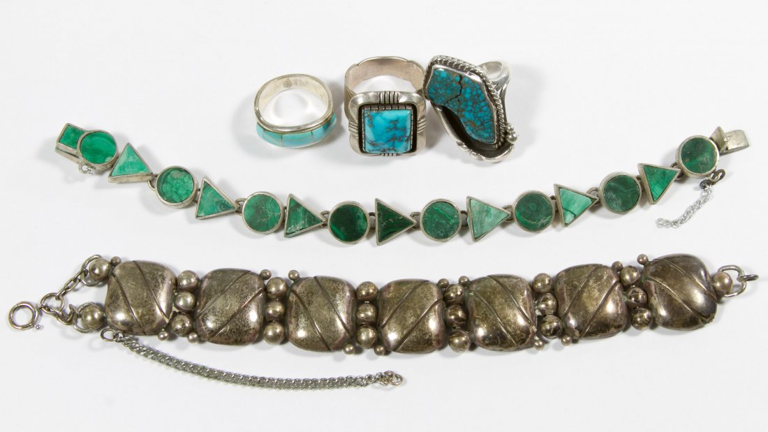 William Spratling Sterling Silver Bracelet: William Spratling Sterling Silver Bracelet c.1935, stamped hallmark to the underside; together with a Taxco sterling turquoise bracelet and three sterling turquoise rings signed TLB, RL and S Length: 