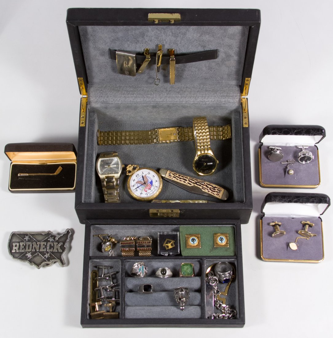 Sterling Silver and Costume Men's Jewelry Assortment: Sterling Silver and Costume Men's Jewelry Assortment Including a sterling silver ring and ID bracelet and costume rings, cuff links, tie bars and tacks, watches, knives and belt buckle; some sets; tog
