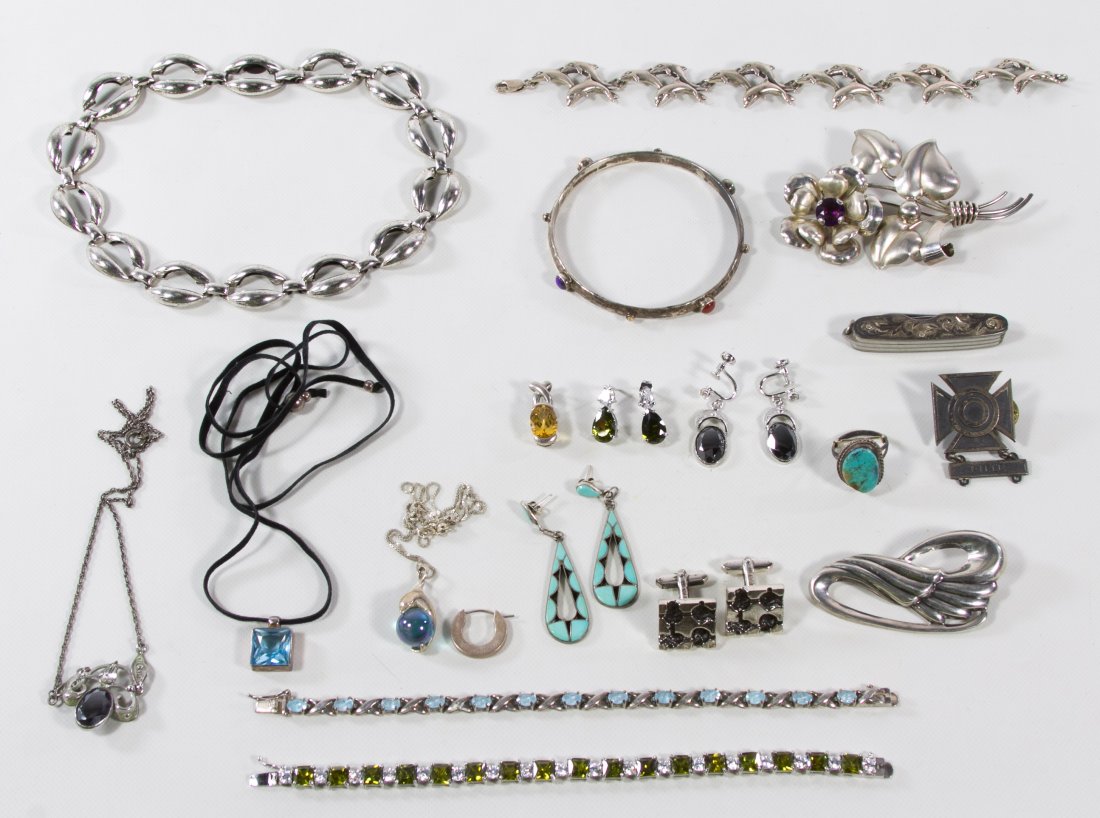 Sterling Silver Jewelry Assortment: Sterling Silver Jewelry Assortment Including a 'Thai Barse' marked bangle bracelet, a 'Danecraft' marked link choker necklace, a pocket knife, a Coach hoop earring and an Antaya GI Rifle cross medal L