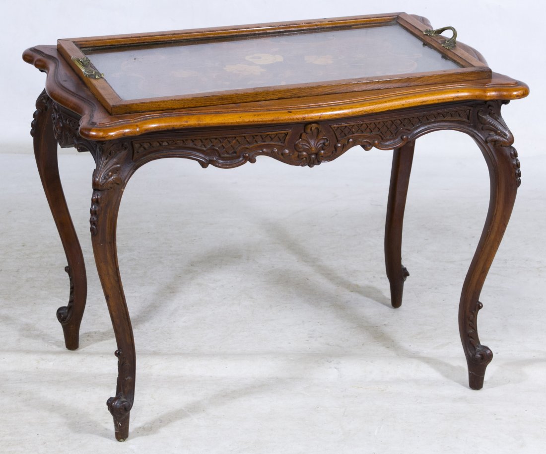 Butler Top Inlaid Table: Butler Top Inlaid Table Having a marquetry floral motif under a removable glass top with brass handles Height: 21.00 inches, Width: 27.00 inches, Depth: 18.50 inches Category: Furniture > American Shi