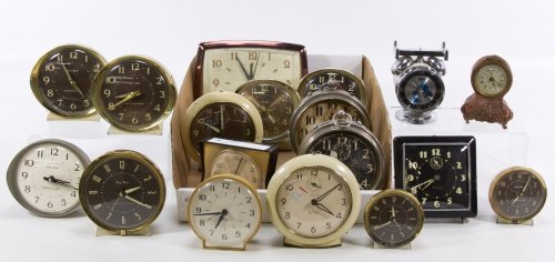 Alarm Clock Assortment: Alarm Clock Assortment Eighteen wind-up or electric table, desk or bedside clocks with examples from Westclox, Cherie of Germany and Sessions; together with thirteen clocks and clock parts with exampl