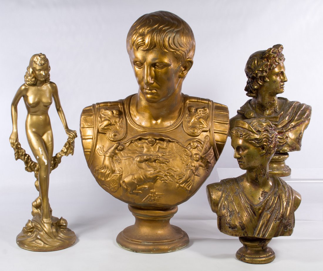 Plaster Statue Assortment: Plaster Statue Assortment Four gold painted, plaster items including a bust of Caesar, an Art Deco style female nude and two female busts Height: 22.00 inches (tallest) Category: Decorative Arts > Clo
