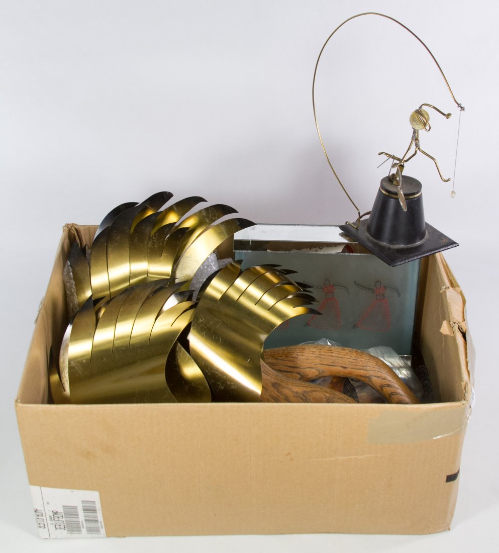 Mid-Century Modern Decorative Object Assortment: Mid-Century Modern Decorative Object Assortment Including three Masketeers, Inc. wood and metal swans, a lighted wire tennis player, a metal ship and a mirror and plastic stencilled dancer table displ