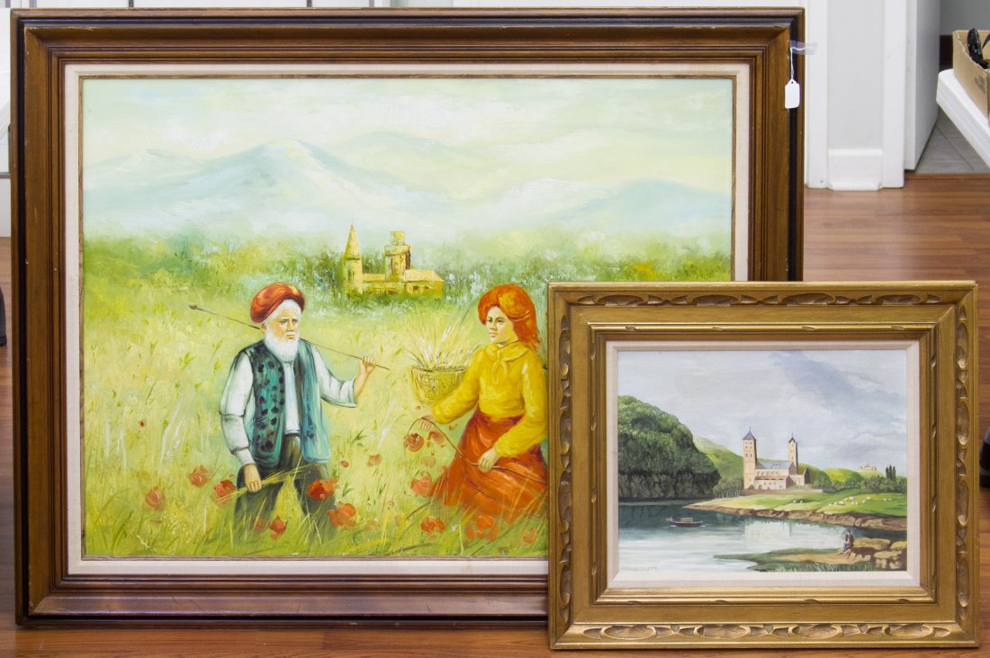 Charles Nelson 'Derromantische Rhein' Oil on Board: Charles Nelson 'Derromantische Rhein' Oil on Board Undated, signed in lower left, depicting a church near a river; together with large oil on canvas, signed 'Darrow' in lower right and depicting two f