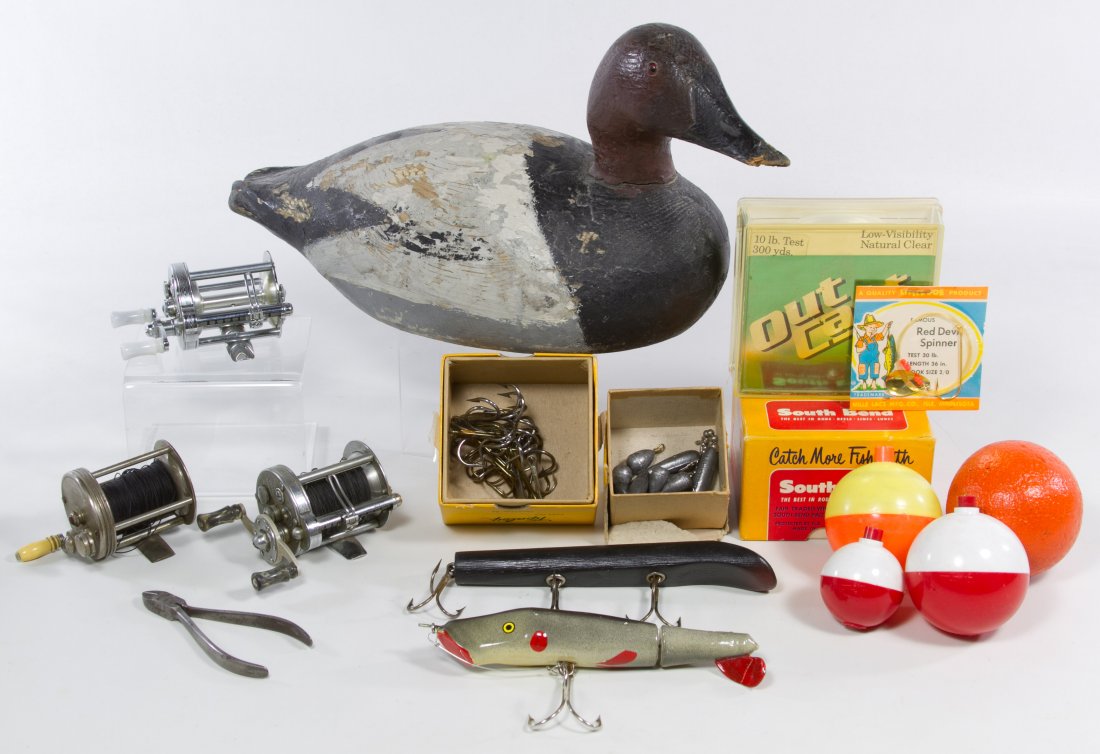 Sporting Goods Assortment: Sporting Goods Assortment Including lures and reels and a duck decoy Category: Sporting Goods > Fishing Shipping Status: Due to size, weight, value or shipping complexity, this item must be shipped vi