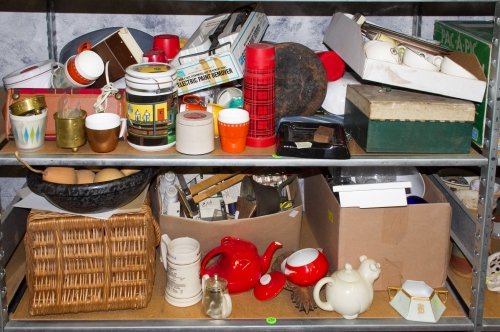Kitchenware and Picnic Accessory Assortment: Kitchenware and Picnic Accessory Assortment Including three shelves of ceramic, metal, plastic and wood food service, preparation and storage items Category: Primitives > Kitchen Tax Status: Subject t