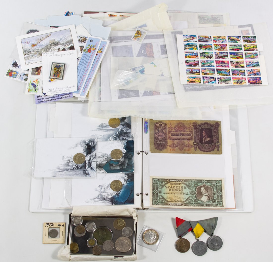 US Modern Stamp Assortment: US Modern Stamp Assortment $379.44 face value, many in uncut sheets; together with world currency assortment, two Morgan Dollars, world coins, four first day covers, two buffalo nickles, two liberty d