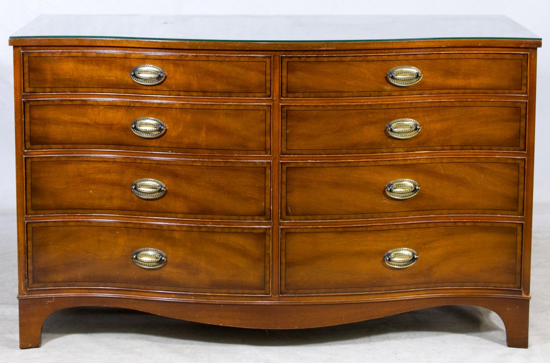 Mahogany Dresser by Henredon: Mahogany Dresser by Henredon Serpentine front with eight half drawers and glass top Height: 35.00 inches, Width: 57.00 inches, Depth: 22.00 inches Category: Furniture > American Shipping Status: Due t