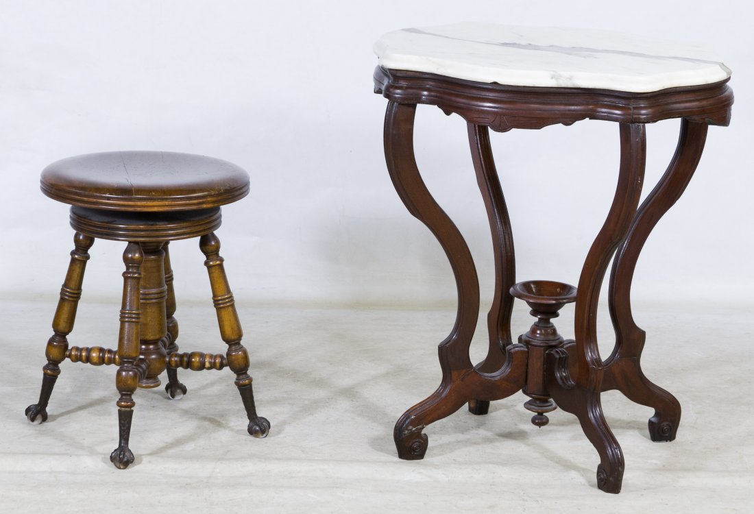 Victorian Marble Top Foyer Table and Piano Stool: Victorian Marble Top Foyer Table and Piano Stool Table has walnut base with white marble top; maple swivel piano stool has metal claw and glass ball feet Height: 28.50 inches, Length: 25.00 inches, Wi