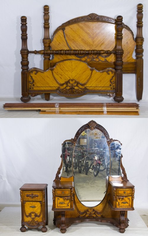 French Style Bedroom Set: French Style Bedroom Set Including head and foot board and side rails, dressing table and night stand Height: 69.00 inches, Width: 50.00 inches, Depth: 18.00 inches (dressing table) Category: Furnitur