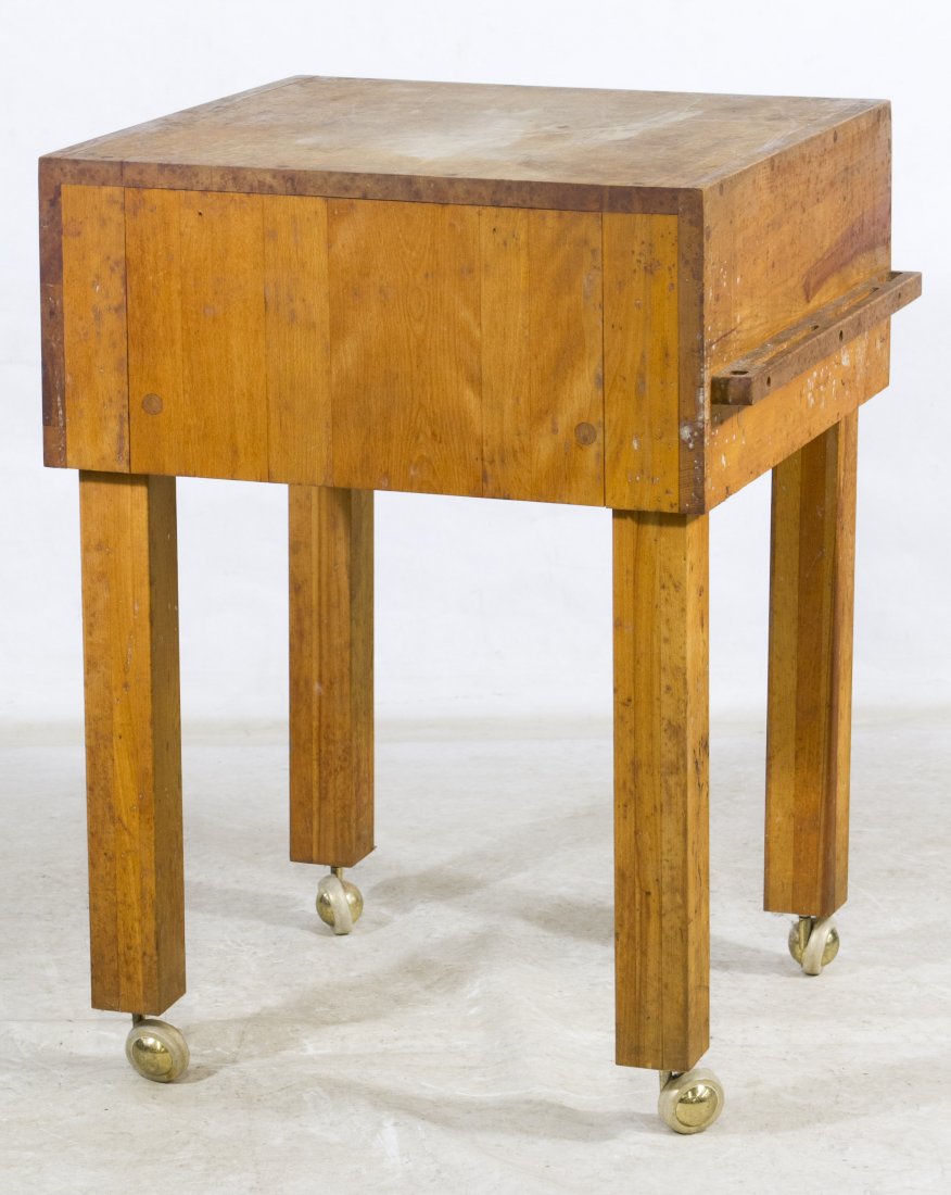 Maple Butcher Block: Maple Butcher Block Having a square block frame (not a solid block) on legs and casters Height: 34.00 inches, Width: 24.00 inches, Depth: 24.00 inches Category: Furniture > Other Shipping Status: Due 