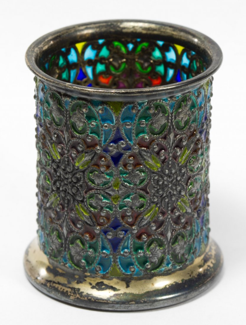 George W. Shiebler Sterling Silver Plique-a-jour Enamel: George W. Shiebler Sterling Silver Plique-a-jour Enamel Toothpick Holder Stamped hallmarks to the underside, numbered 5278, having a see-through enamel floral motif Height: 2.00 inches Weight: 1.75 oz