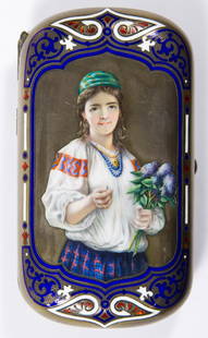 Russian Sterling Silver (.916) and Enamel Cigarette: Russian Sterling Silver (.916) and Enamel Cigarette Case 1877, Moscow / Mockba, Ivan Yefimovich Konstantinov assay mark, gold wash interior, stamped 88 mark, having a printed portrait of a female with