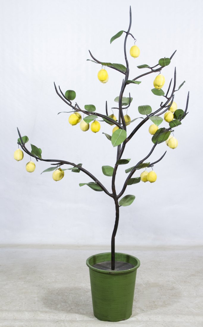Cast Metal Lemon Tree: Cast Metal Lemon Tree Having a 'Global Vines, Made in China' decal on the underside of a multi-branch metal leaf and stem tree with detachable lemons Height: 64.00 inches, Width: 36.00 inches Category