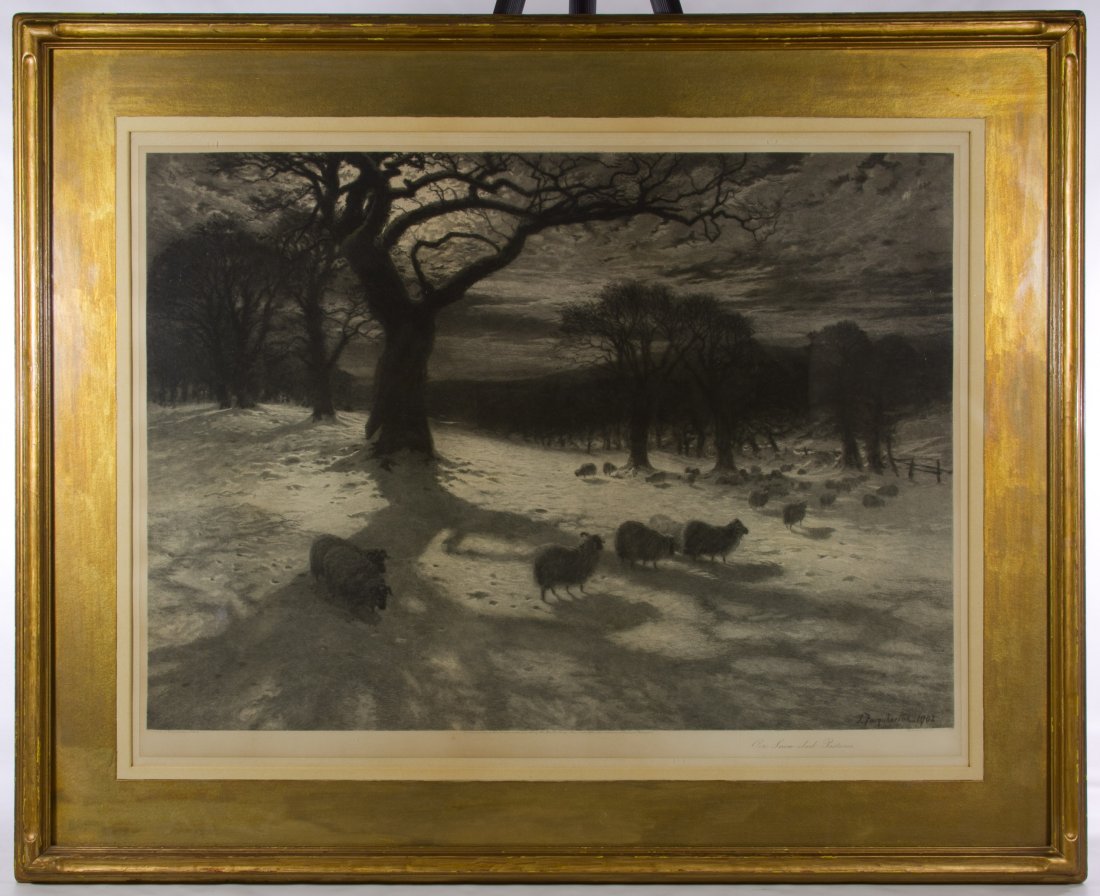 (After) J. Farquharson (Scotland, 1846-1935) 'Per: (After) J. Farquharson (Scotland, 1846-1935) 'Per Snow-clad Pasture' Etching 1909, printed signature lower right, depicting sheep in a winter landscape; framed under glass; 'etched by W. Hale' mark lo