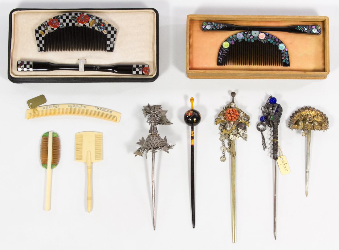 Asian Hair Ornaments, Combs and Wall Hangings: Asian Hair Ornaments, Combs and Wall Hangings Including five hair picks, comb and roller sets in original boxes, a bone comb set and two Asian Silk Embroidered Wall Hangings including a panel featurin
