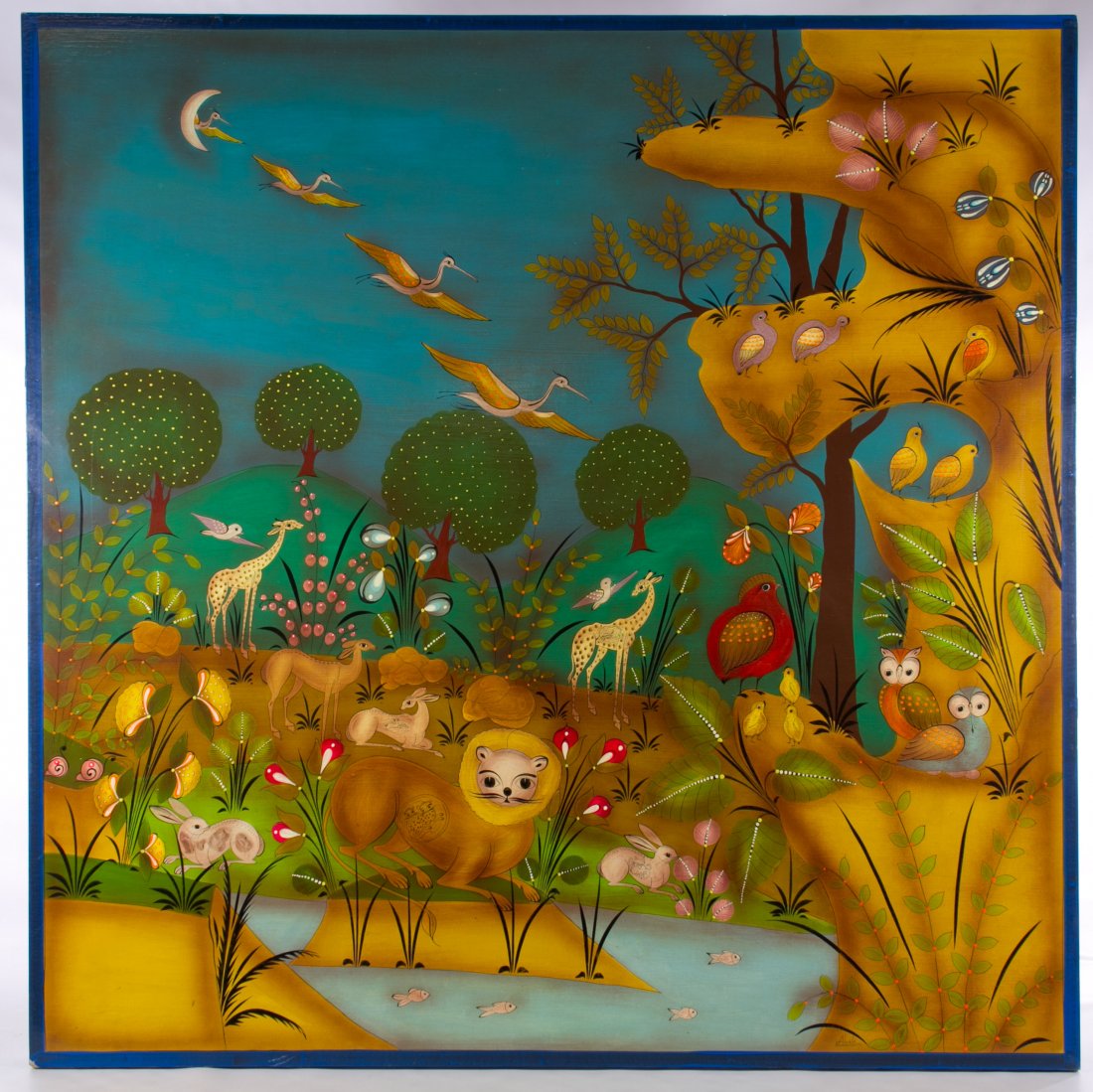 Arturo Alcala (Mexican, 20th Century) 'Jungle' Oil on: Arturo Alcala (Mexican, 20th Century) 'Jungle' Oil on Board Undated, signed lower right, depicting animals by trees and water Height: 39.50 inches, Width: 39.50 inches Category: Fine Art > South Ameri