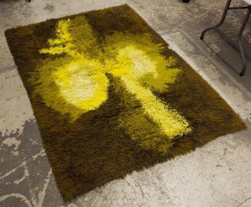 Mid-Century Modern Scandinavian Rya Rug: Mid-Century Modern Scandinavian Rya Rug c.1960, unmarked, having earth tone colors; having synthetic blended twisted loop fibers Length: 76.00 inches, Width: 55.00 inches Category: Rugs & Textiles > O