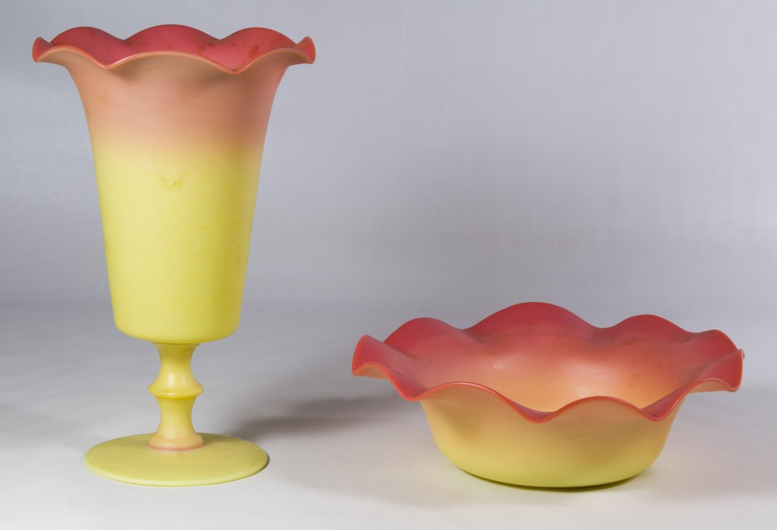 Pairpoint / Mt. Washington Burmese Glass Vase and Bowl: Pairpoint / Mt. Washington Burmese Glass Vase and Bowl Two items including a tall footed compote and a ruffle rimmed bowl Height: 10.00 inches (tallest) Category: Glass > Art Glass Shipping Status: Le
