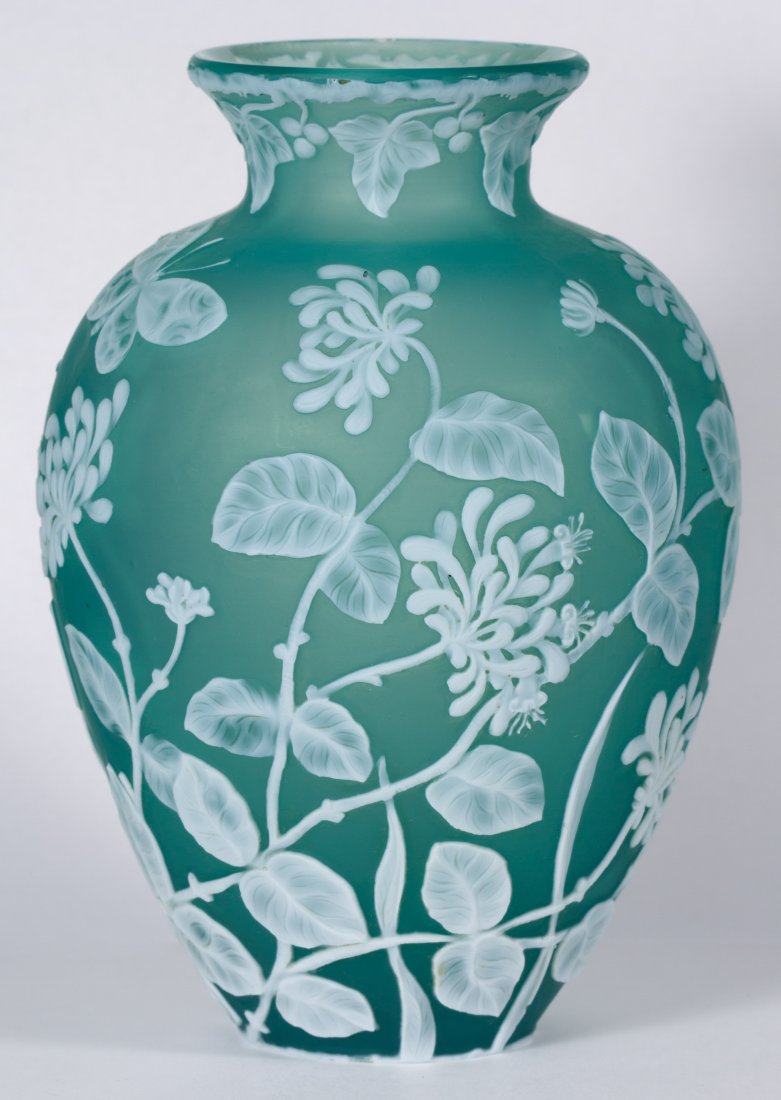 English Cameo Glass Shoulder Vase: English Cameo Glass Shoulder Vase Having butterfly and floral decorations with a rare cascading grape border near the rim; teal color Height: 6.50 inches Category: Glass > English Shipping Status: Leo
