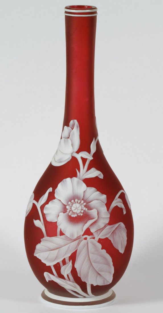 Thomas Webb & Sons (Attribution) Cameo Glass Vase: Thomas Webb & Sons (Attribution) Cameo Glass Vase Having a bulbous stick vase shape with primrose decoration in white on a frosted red body; butterfly on the reverse; having a shallow mark on undersid